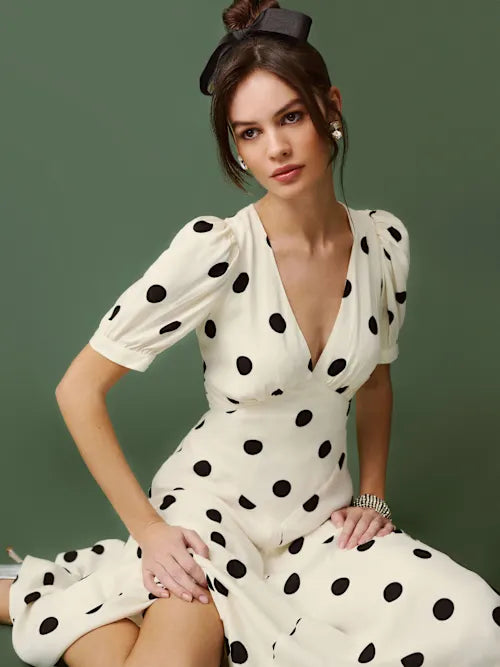 Ivory Black Polka Dot Deep V-Neck Puff Sleeve Prom Dress