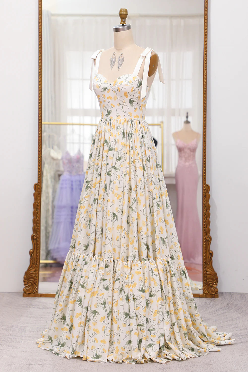 Ivory Flower A-Line Spaghetti Straps Print Pleated Long Prom Dress