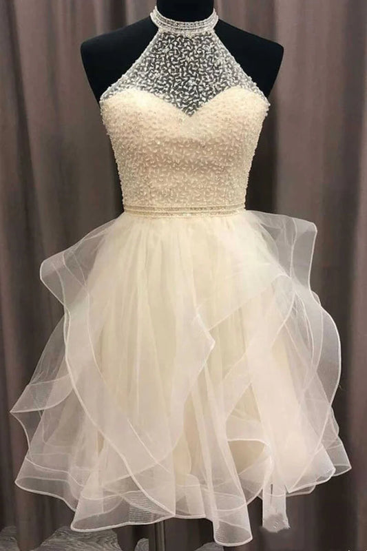 Ivory Halter Keyhole Back Multi-Tiered Short Party Dress