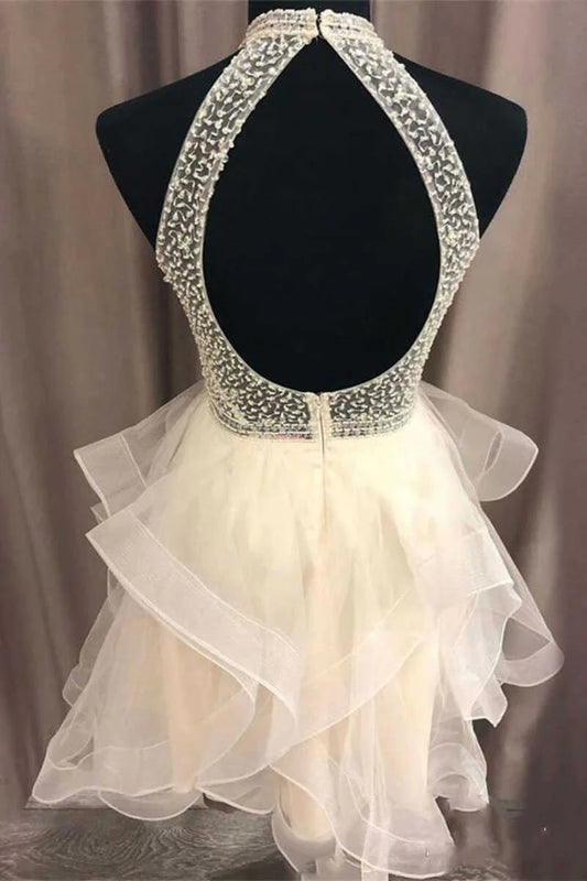 Ivory Halter Keyhole Back Multi-Tiered Short Party Dress