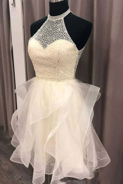 Ivory Halter Keyhole Back Multi-Tiered Short Party Dress