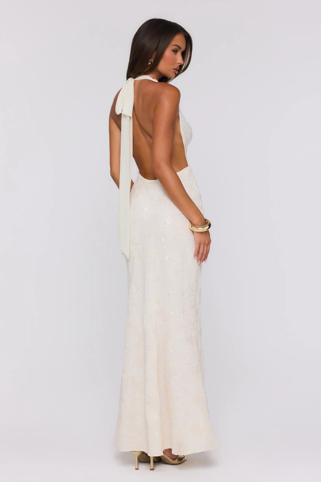 Ivory Halter Neck Sequin Embellished Open-Back Mermaid Evening Dress