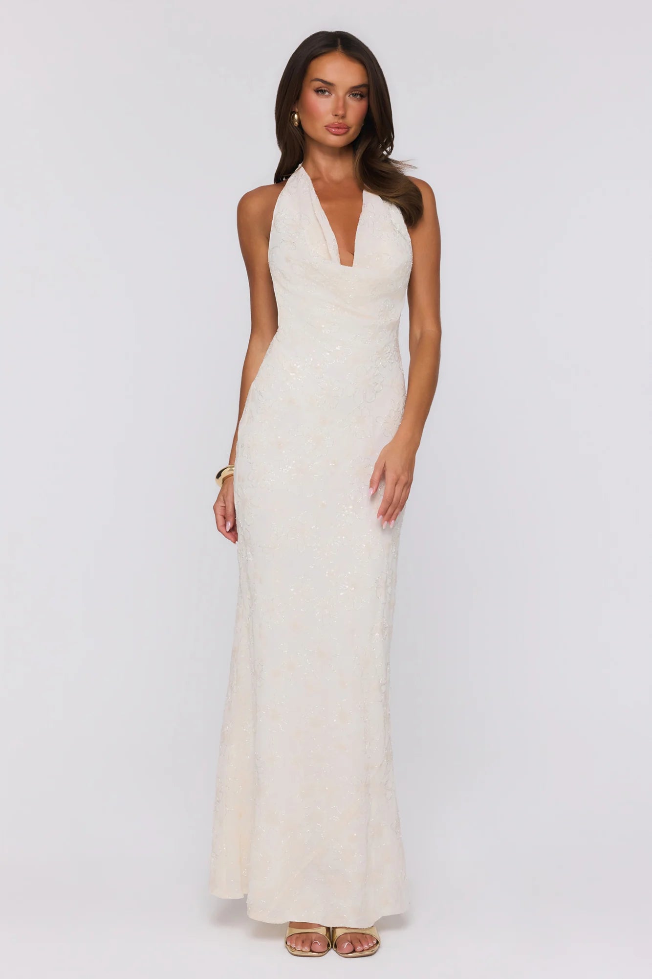 Ivory Halter Neck Sequin Embellished Open-Back Mermaid Evening Dress