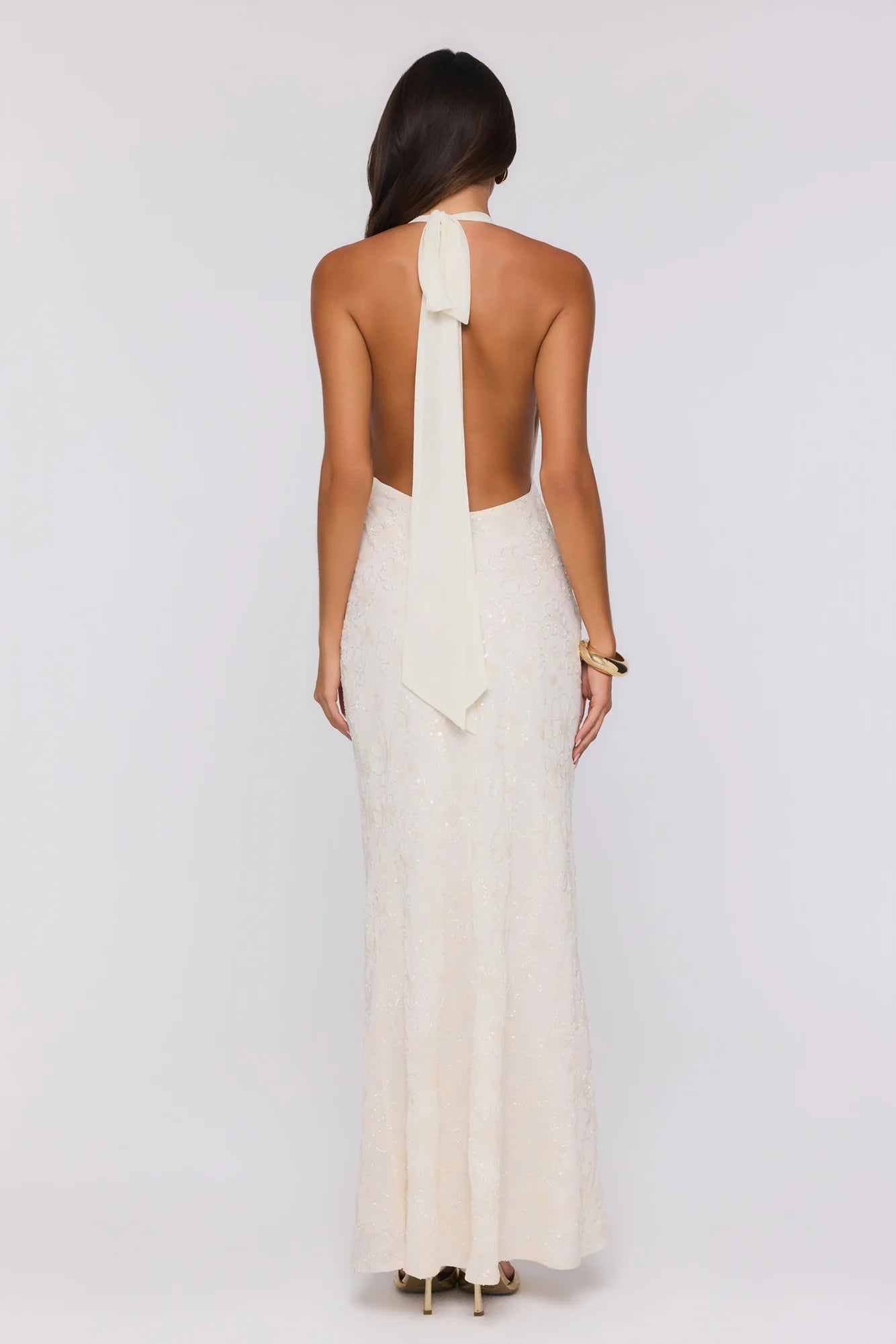 Ivory Halter Neck Sequin Embellished Open-Back Mermaid Evening Dress