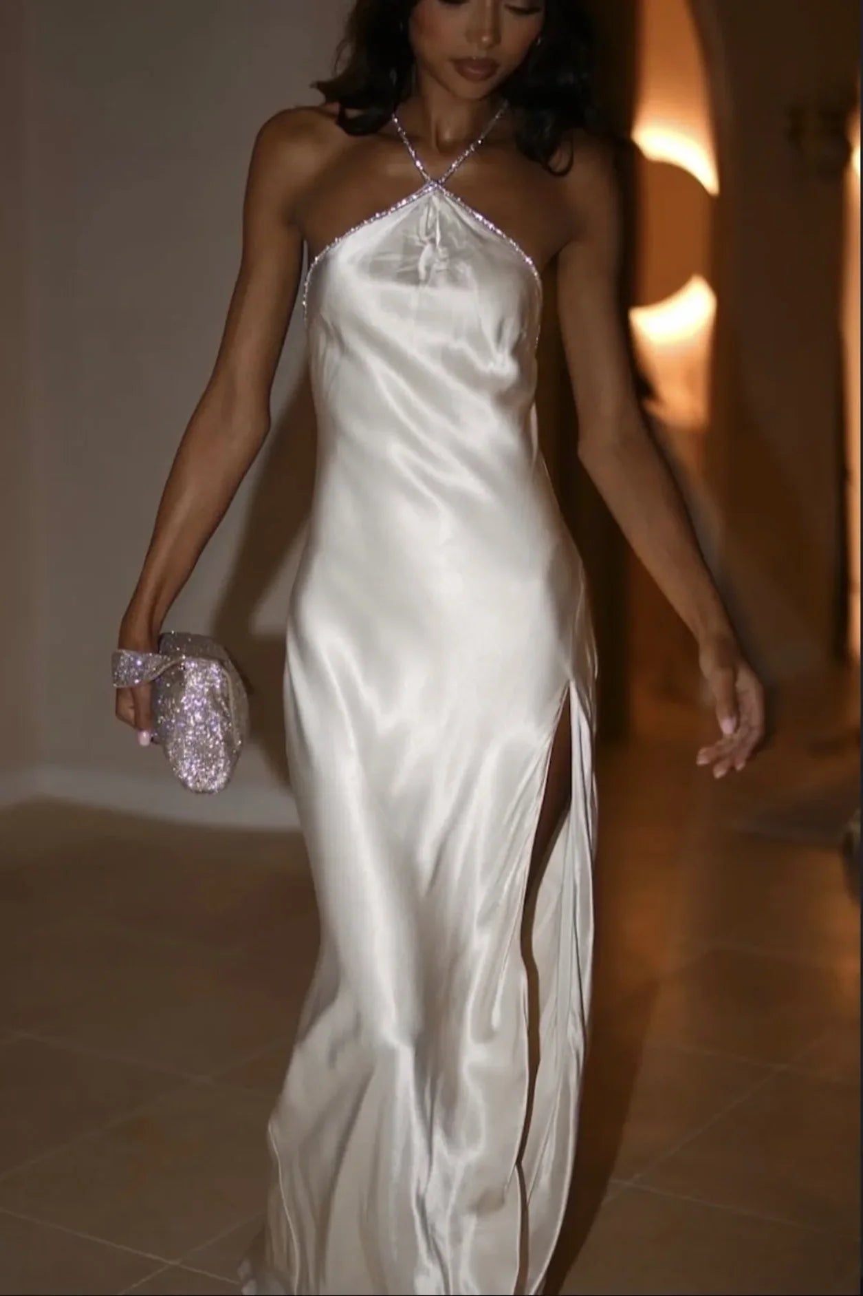 Ivory Halter Rhinestone Backless Satin Maxi Dresses