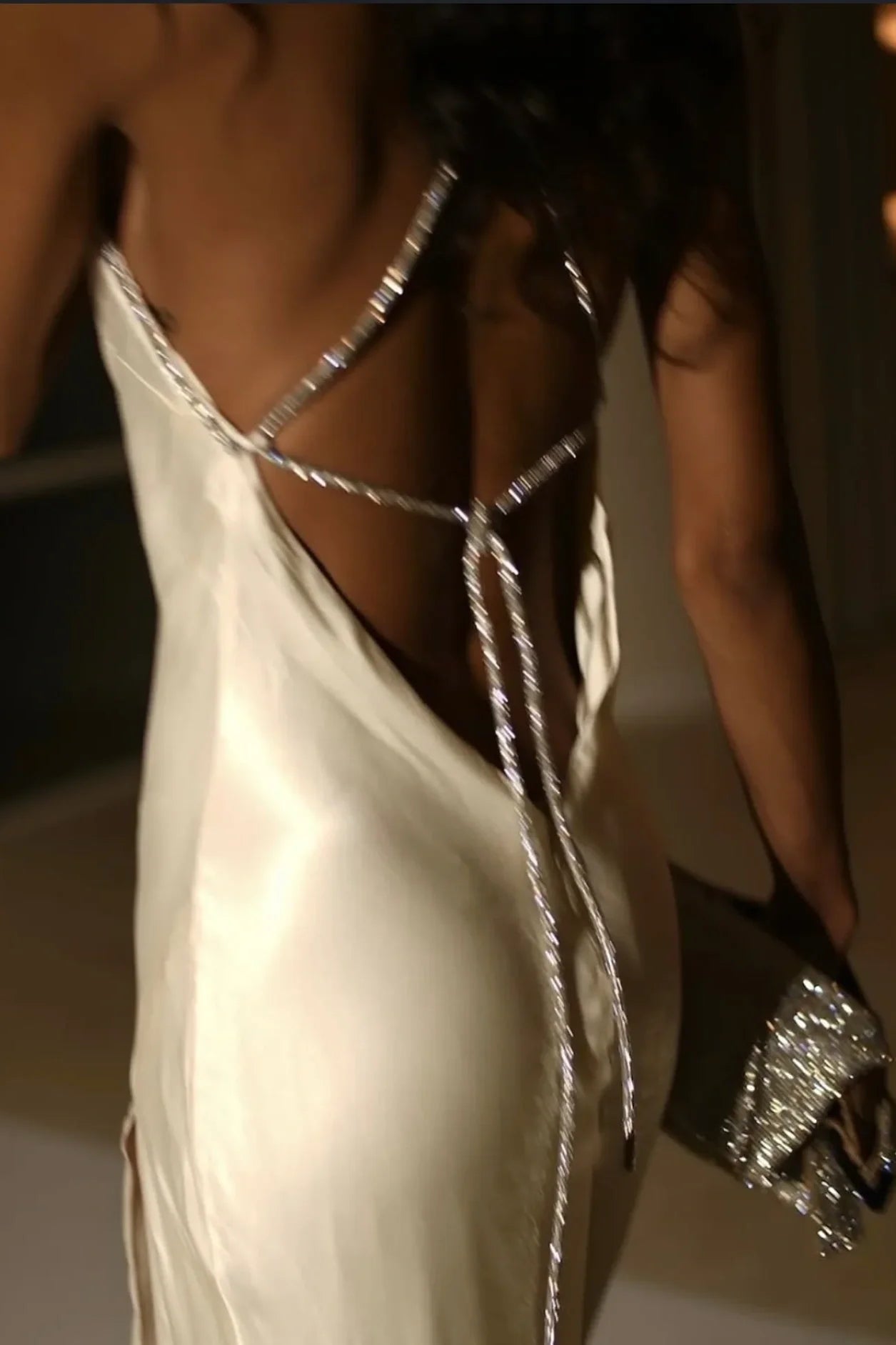 Ivory Halter Rhinestone Backless Satin Maxi Dresses