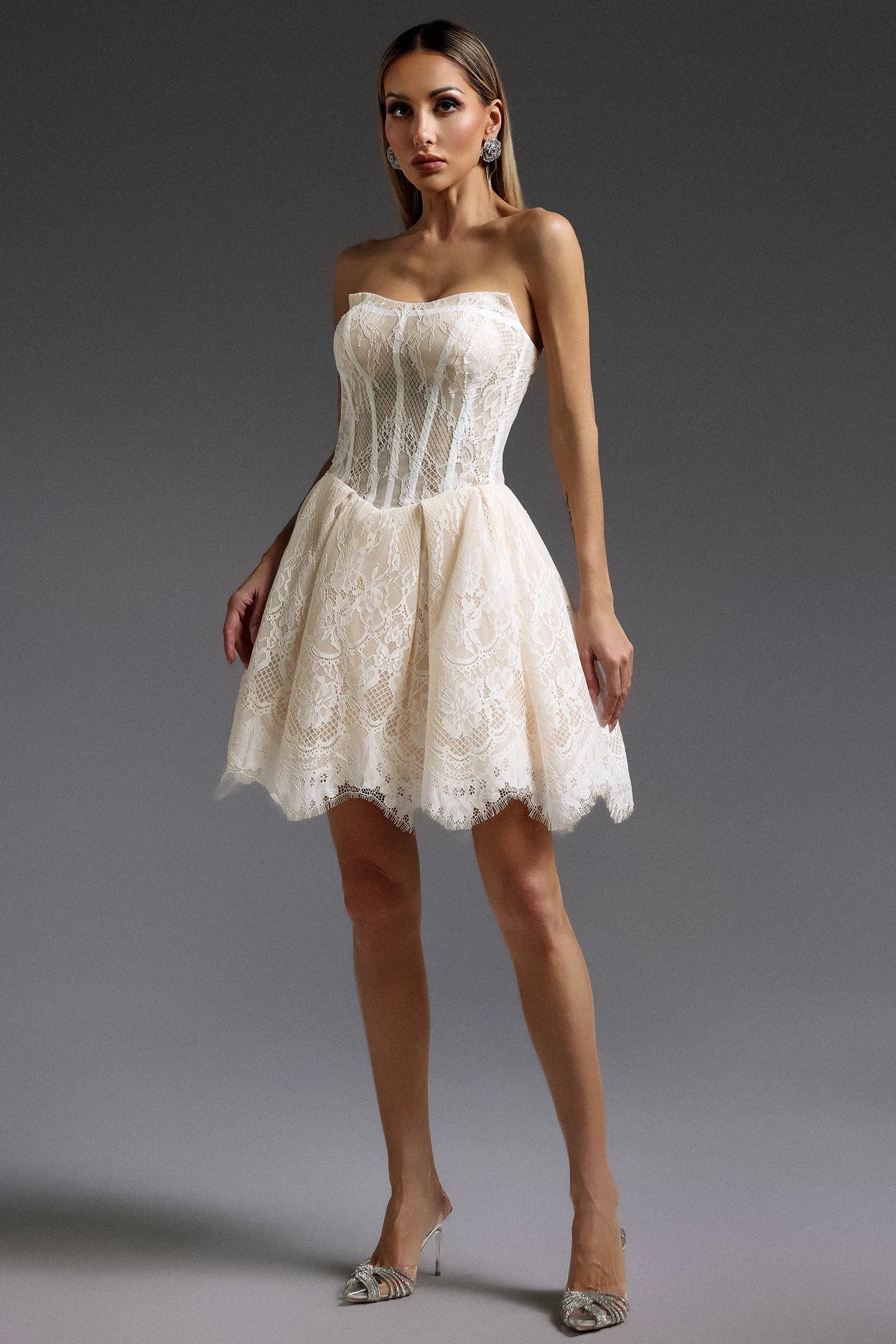Ivory Lace Strapless Corset A-Line Mini Evening Dresses