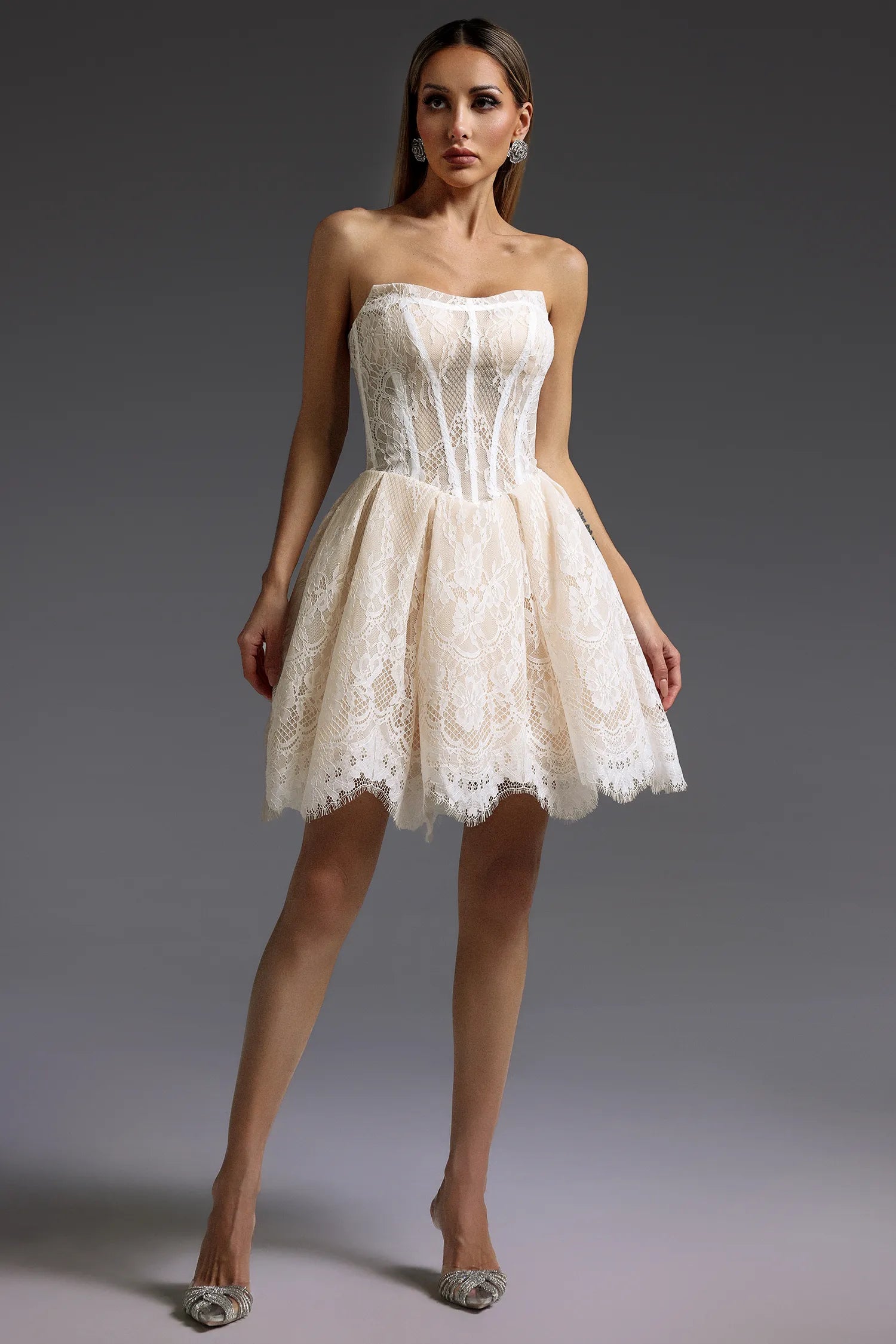 Ivory Lace Strapless Corset A-Line Mini Evening Dresses