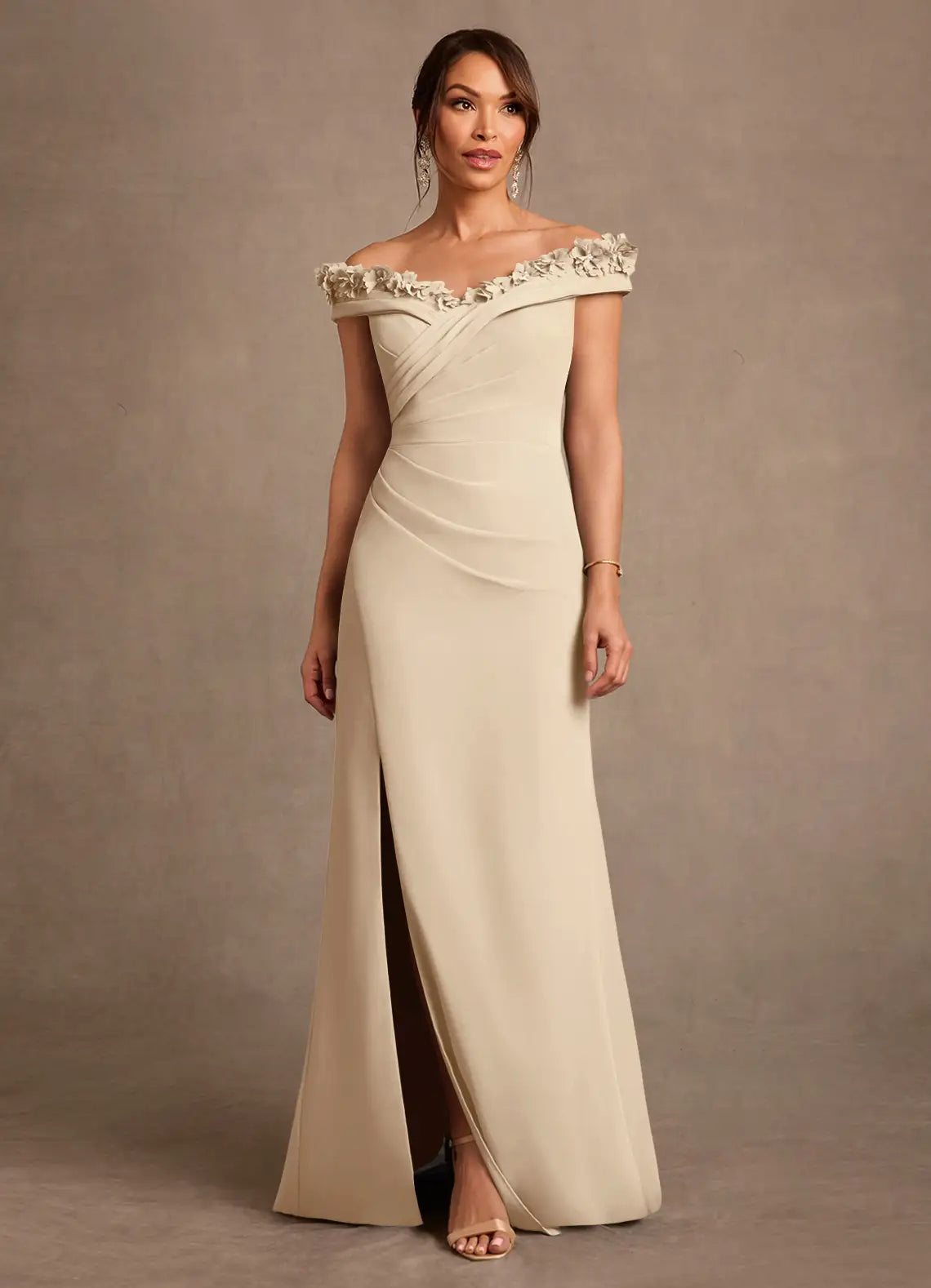 Ivory Off-the-Shoulder 3D Flower Ruched Slit Mermaid Maxi Evening Dresses