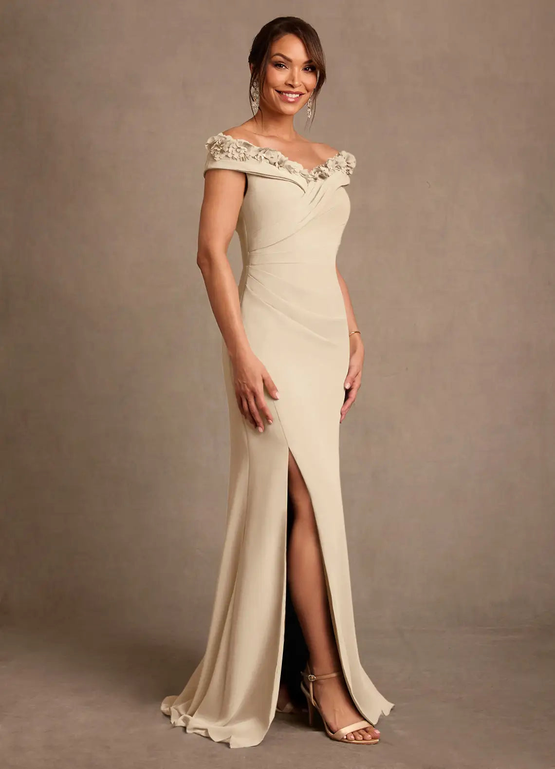Ivory Off-the-Shoulder 3D Flower Ruched Slit Mermaid Maxi Evening Dresses
