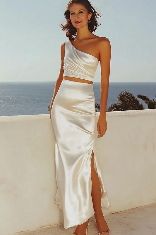 Ivory Satin Sheath One Shoulder Long Formal Dress
