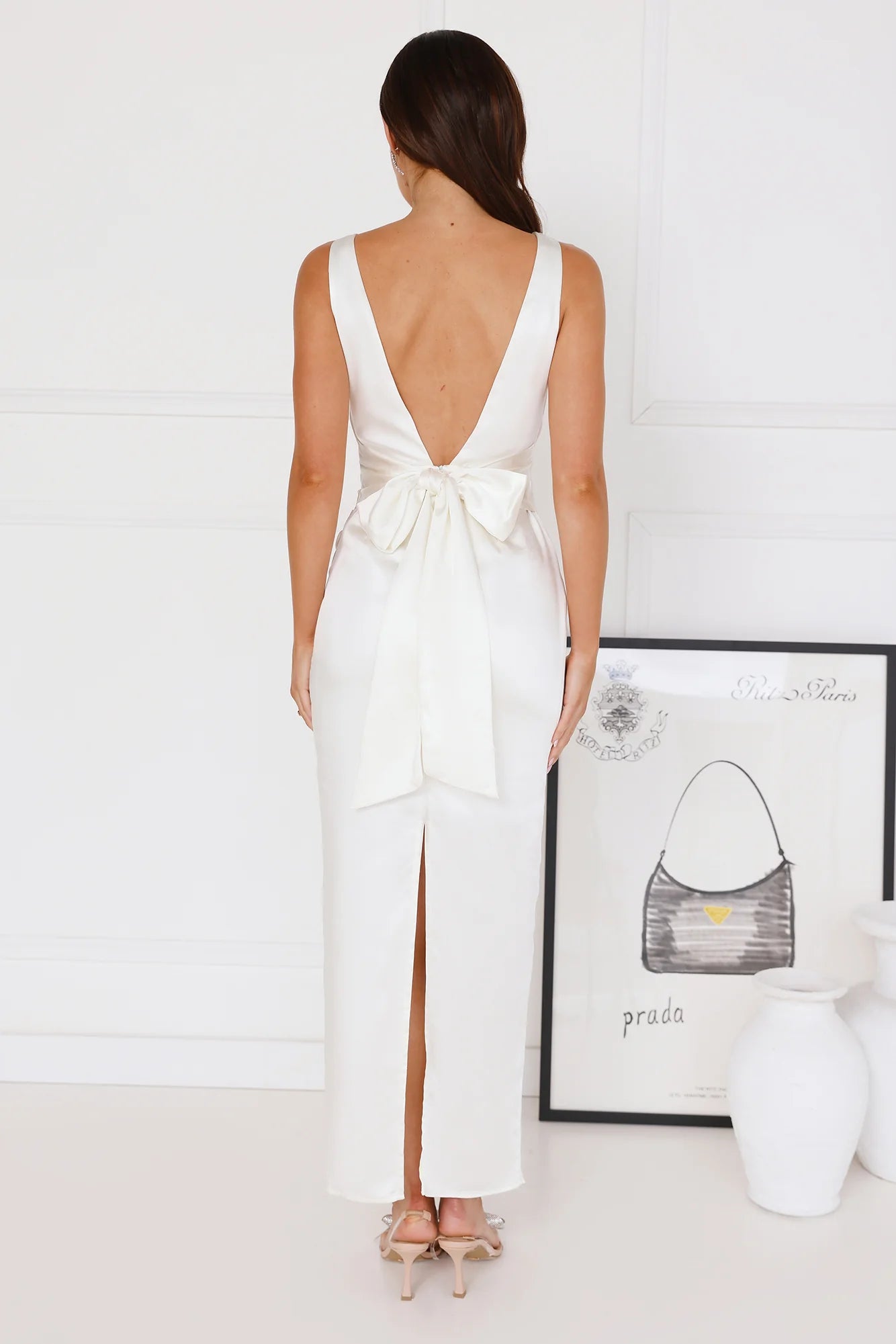 Ivory Satin Sleeveless Boat Neck Backless Bow Ruched Slit Midi Evening Dresses