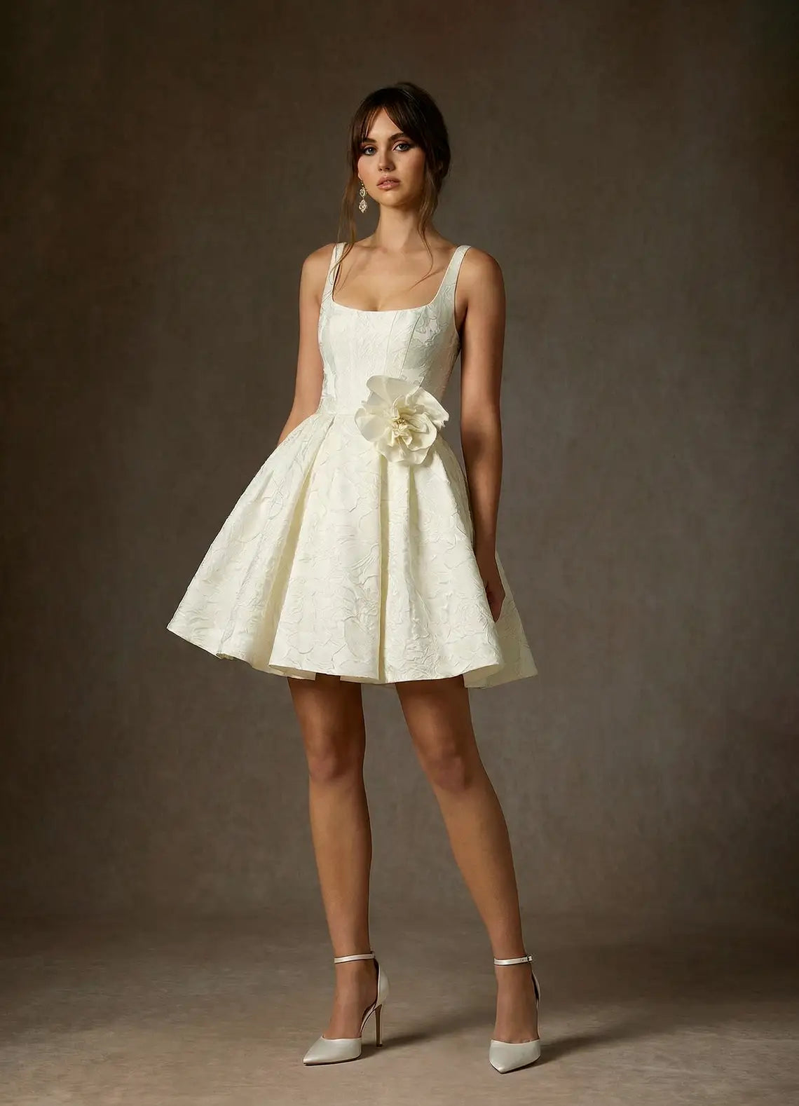 Ivory White Square Neck Sleeveless 3D Flower Jacquard A-Line Mini Evening Dresses