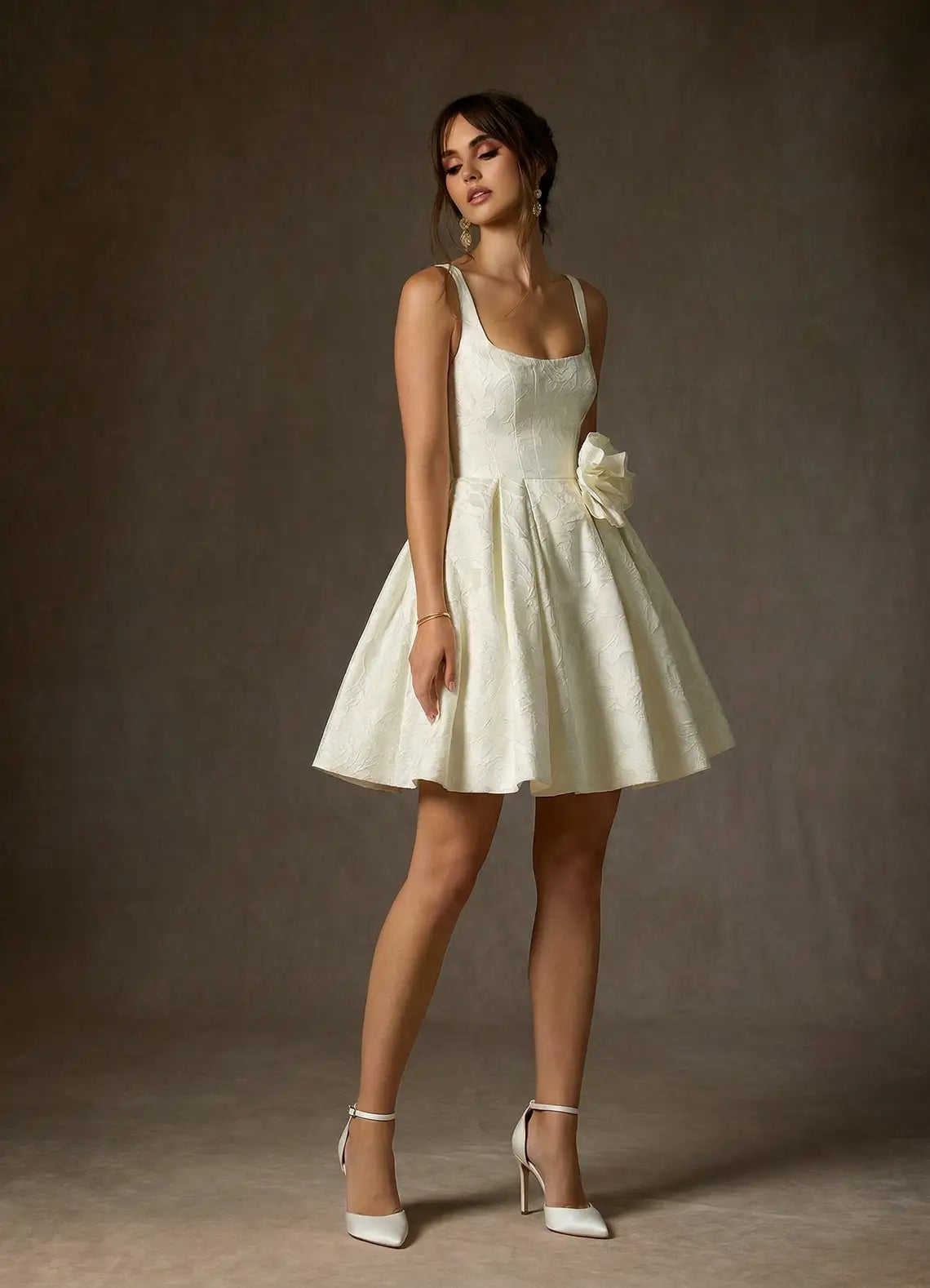Ivory White Square Neck Sleeveless 3D Flower Jacquard A-Line Mini Evening Dresses