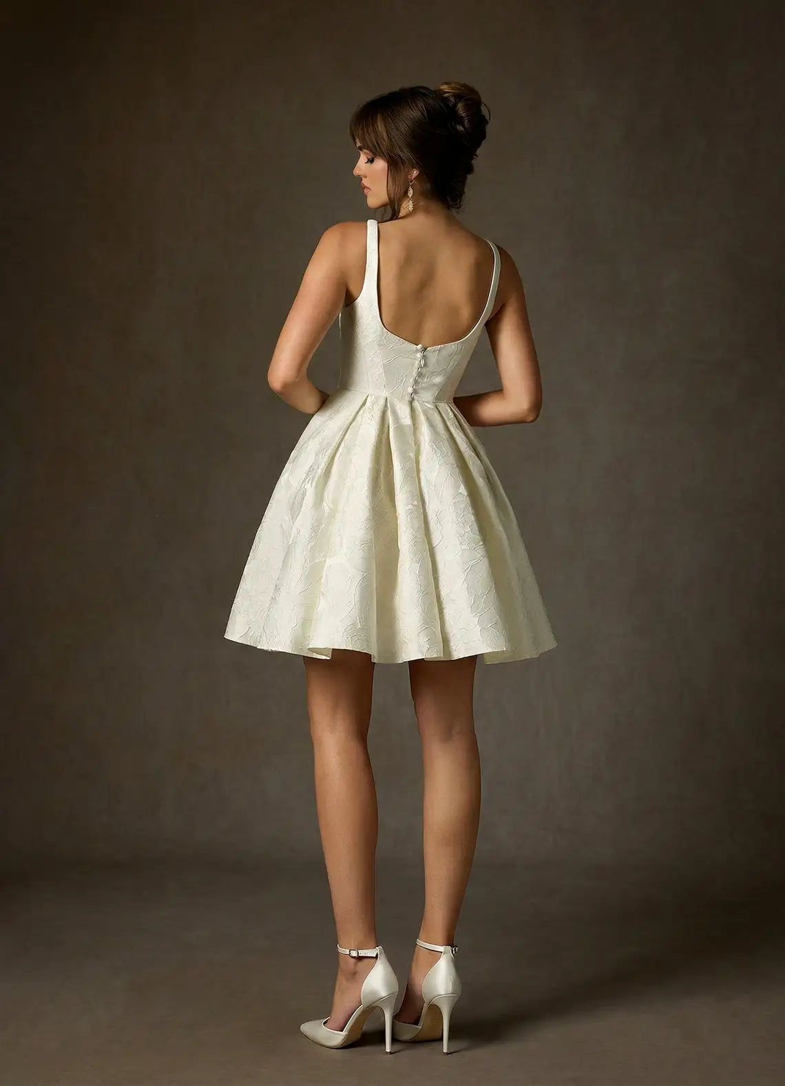 Ivory White Square Neck Sleeveless 3D Flower Jacquard A-Line Mini Evening Dresses