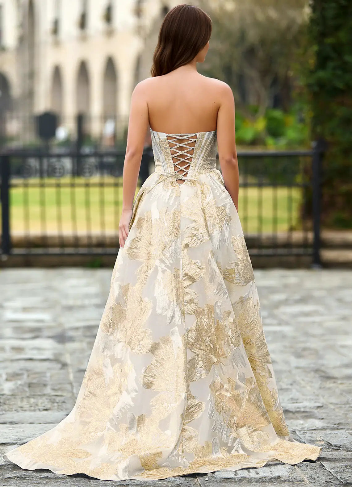 Ivory & Gold Jacquard Strapless Corset Lace-Up Back High Slit Ball Gown Evening Dresses