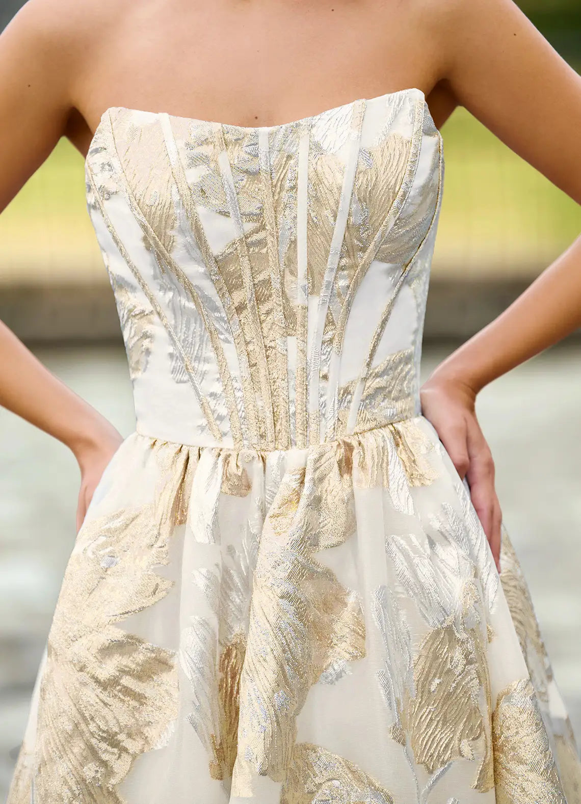 Ivory & Gold Jacquard Strapless Corset Lace-Up Back High Slit Ball Gown Evening Dresses