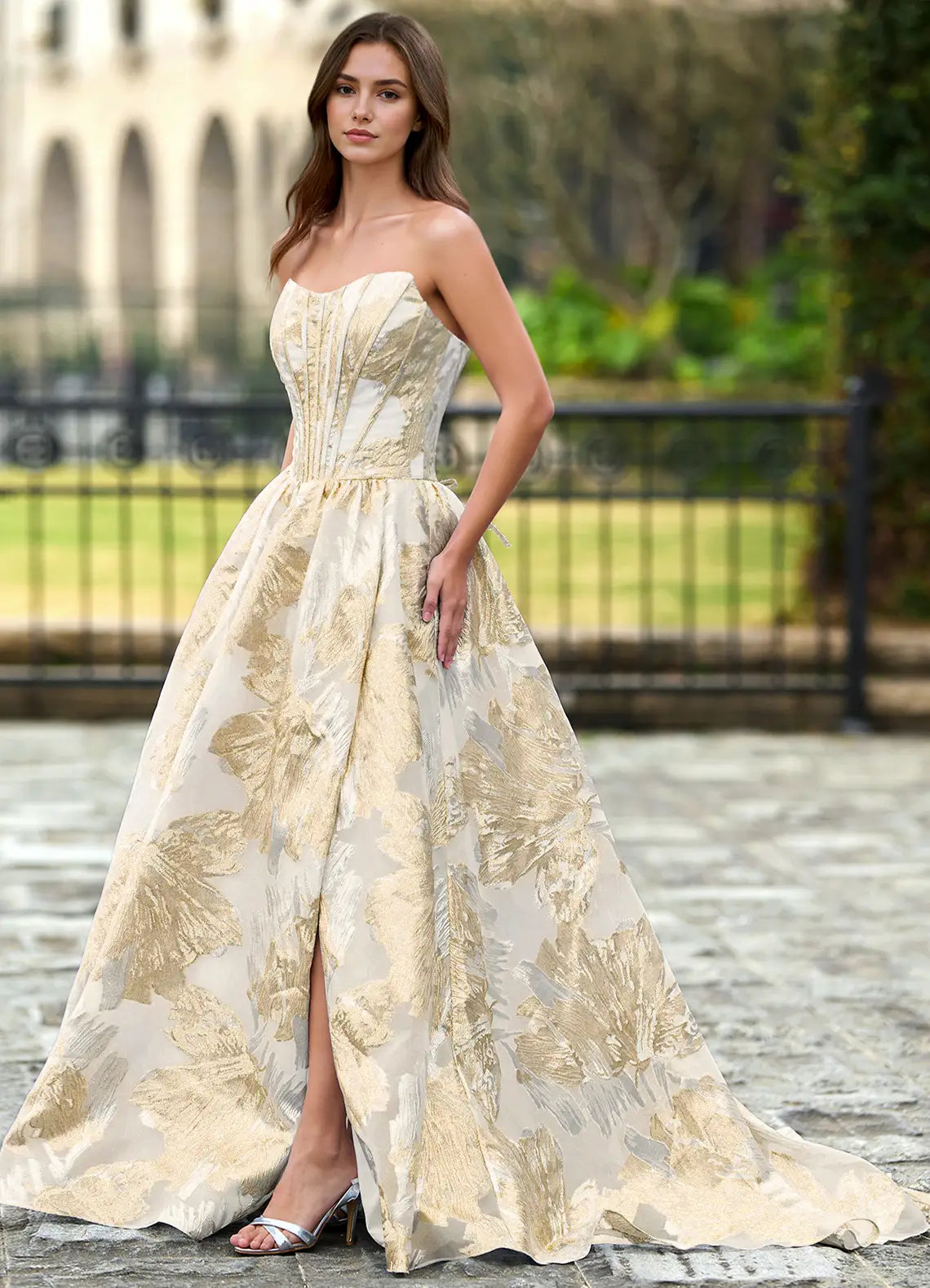 Ivory & Gold Jacquard Strapless Corset Lace-Up Back High Slit Ball Gown Evening Dresses