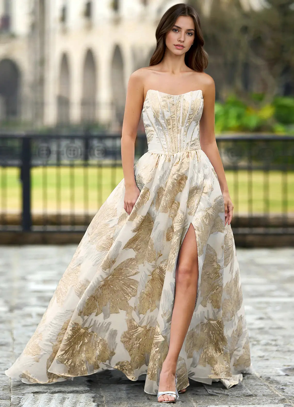 Ivory & Gold Jacquard Strapless Corset Lace-Up Back High Slit Ball Gown Evening Dresses