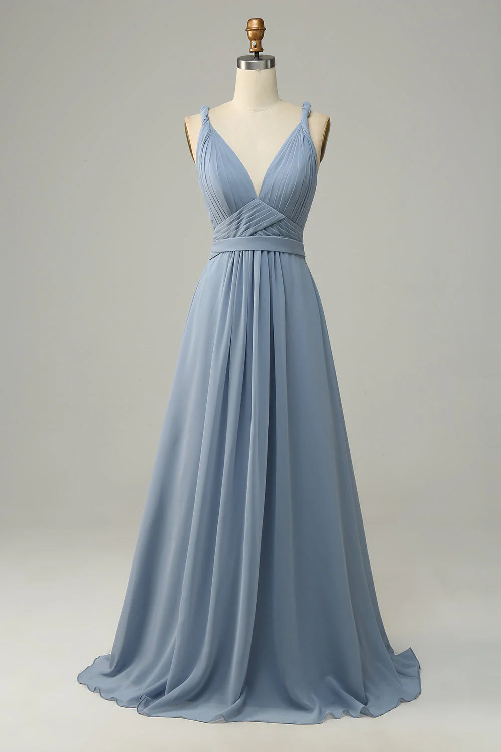 Dusty Blue A Line Deep V Neck Chiffon Bridesmaid Dress