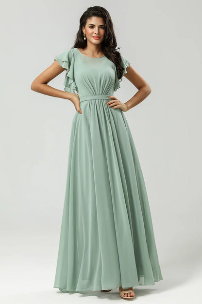 Matcha A Line Round Neck Ruched Floor Length Chiffon Bridesmaid Dress
