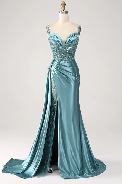 Shining mermaid side fringe tight corset satin ball skirt with slit