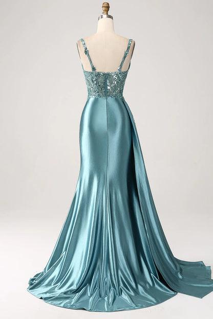 Shining mermaid side fringe tight corset satin ball skirt with slit