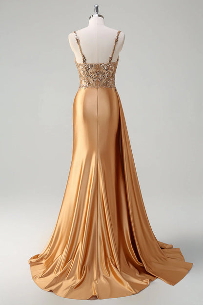 Shining mermaid side fringe tight corset satin ball skirt with slit