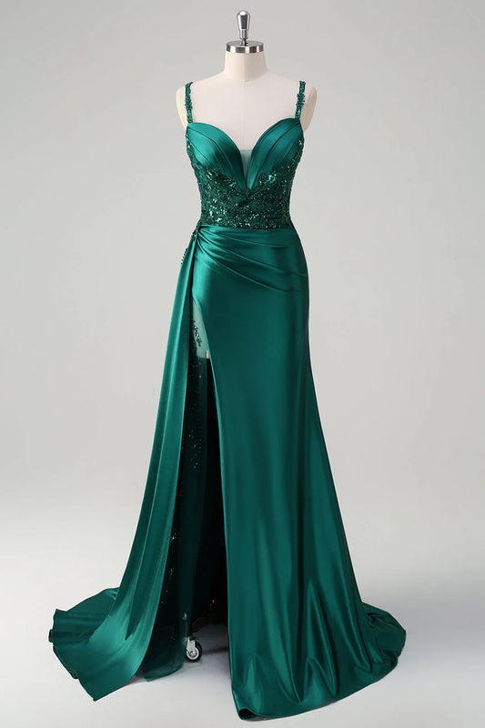 Shining mermaid side fringe tight corset satin ball skirt with slit