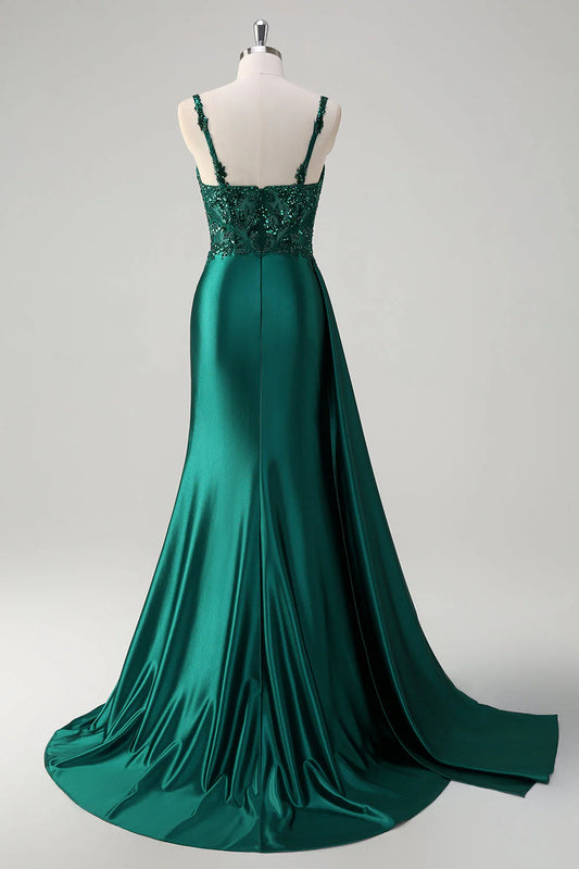 Shining mermaid side fringe tight corset satin ball skirt with slit