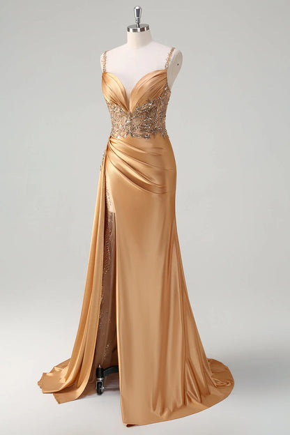 Shining mermaid side fringe tight corset satin ball skirt with slit