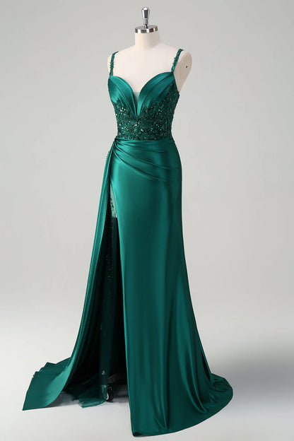 Shining mermaid side fringe tight corset satin ball skirt with slit