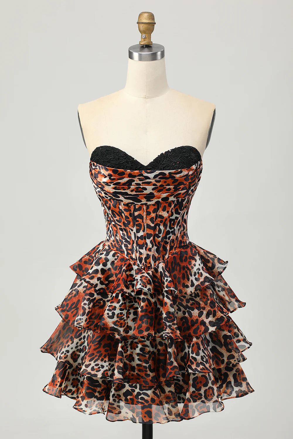 Model wearing a Khaki Leopard Sweetheart Corset Tiered Homecoming Dress.