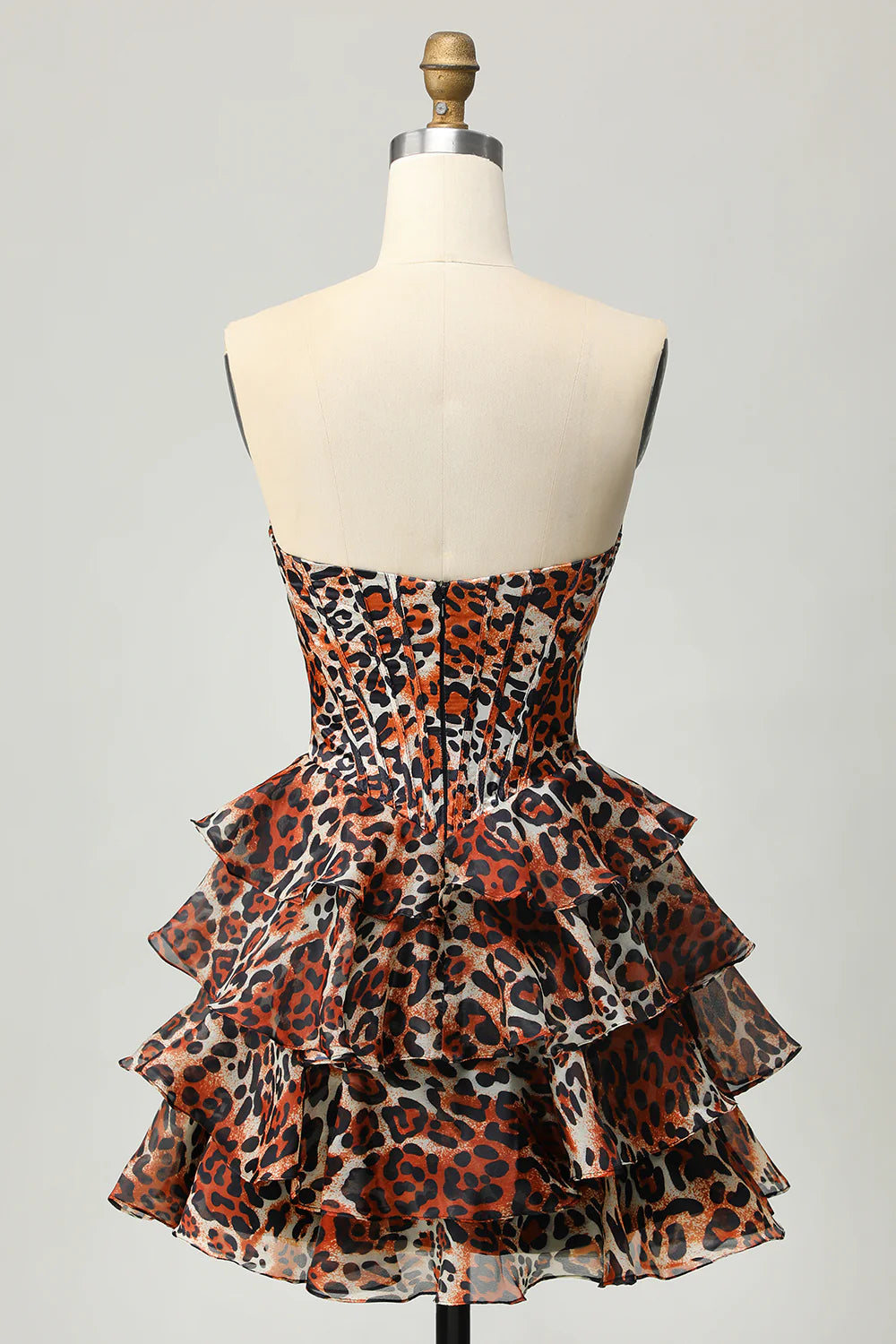 Back view of the Khaki Leopard Tiered Homecoming Dress.