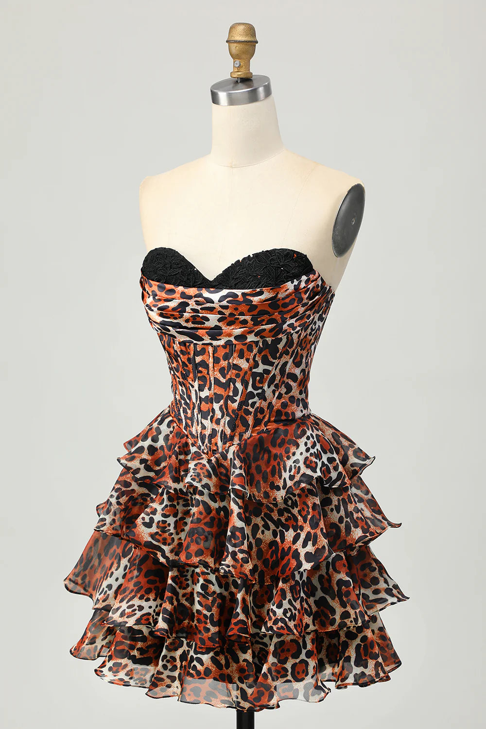 Side view of the Khaki Leopard Sweetheart Corset Dress showing tiered skirt detail.