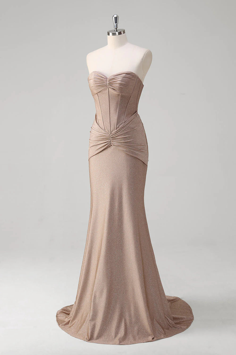 Khaki Mermaid Strapless Corset Pleated Open Back Long Prom Dress