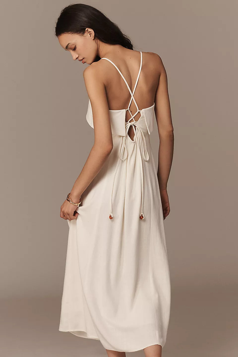 Lace-Up Back Linen Midi Evening Dresses with Beaded Straps