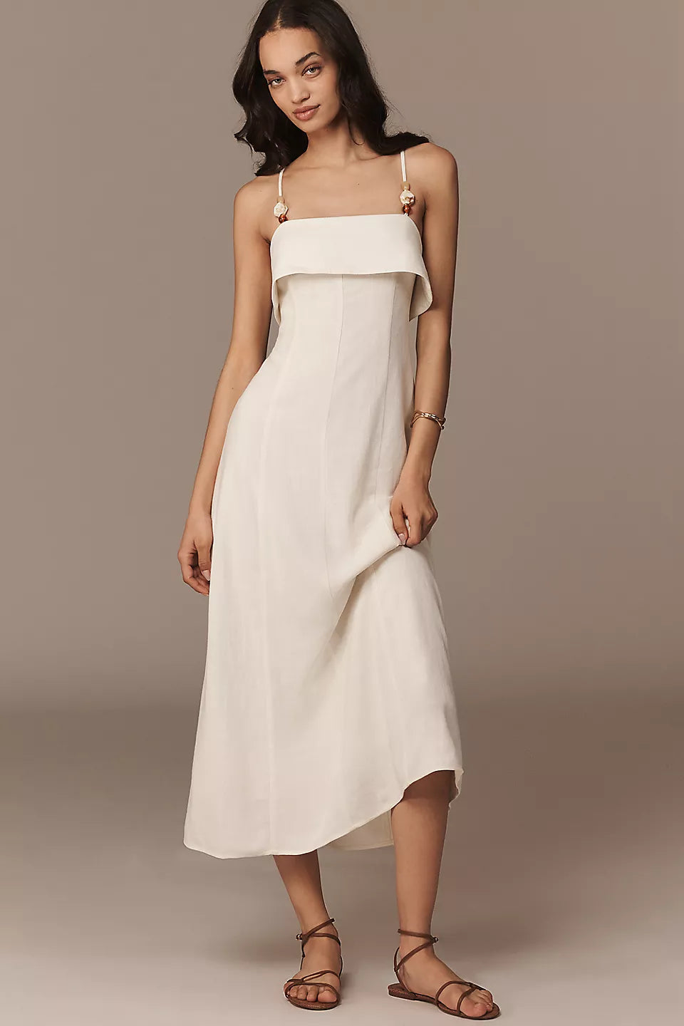 Lace-Up Back Linen Midi Evening Dresses with Beaded Straps
