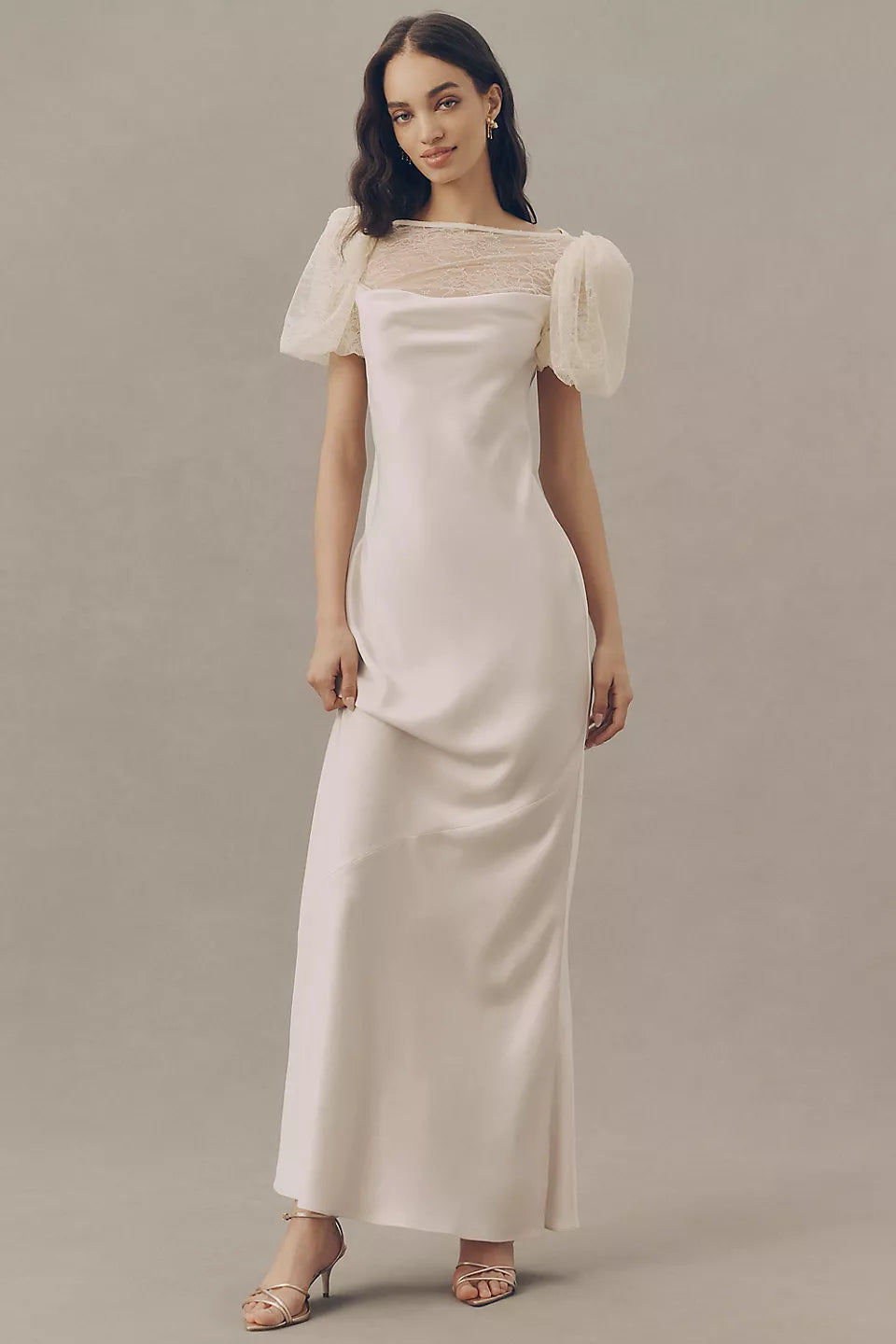 Lace Puff Sleeve Satin Maxi Evening Dresses with Sheer Back