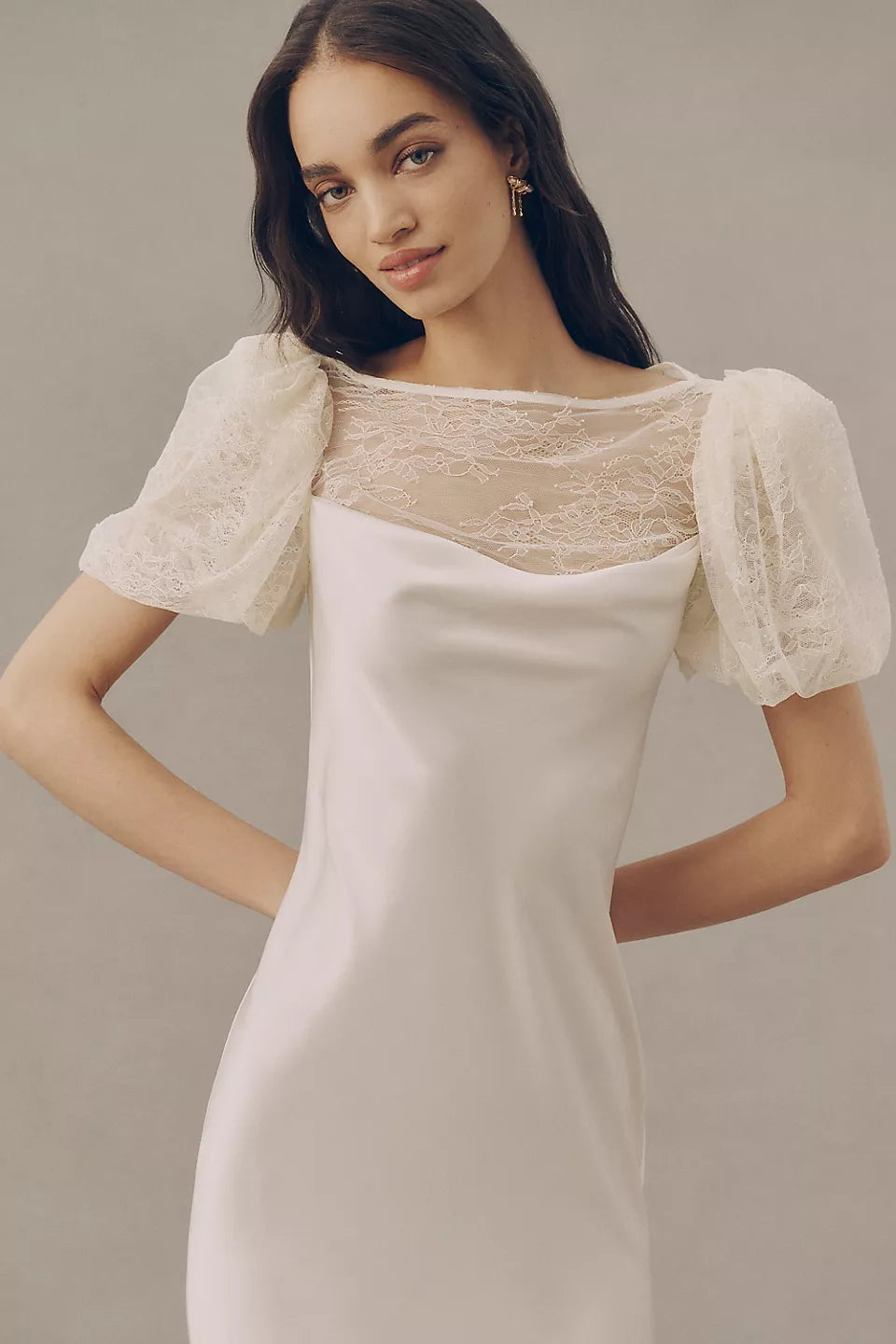 Lace Puff Sleeve Satin Maxi Evening Dresses with Sheer Back