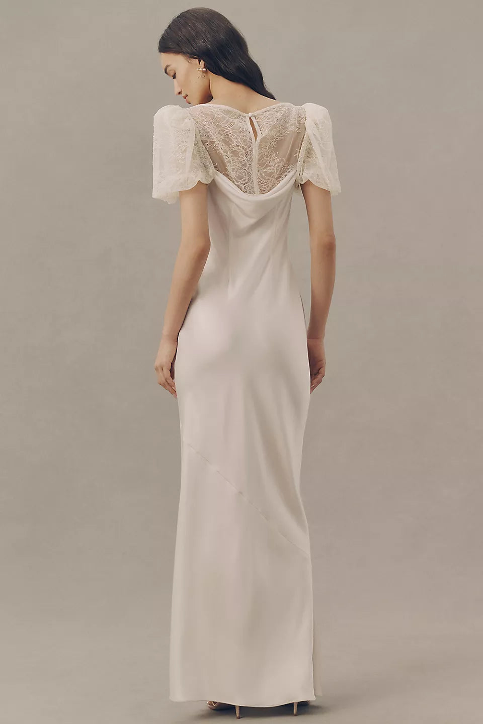 Lace Puff Sleeve Satin Maxi Evening Dresses with Sheer Back