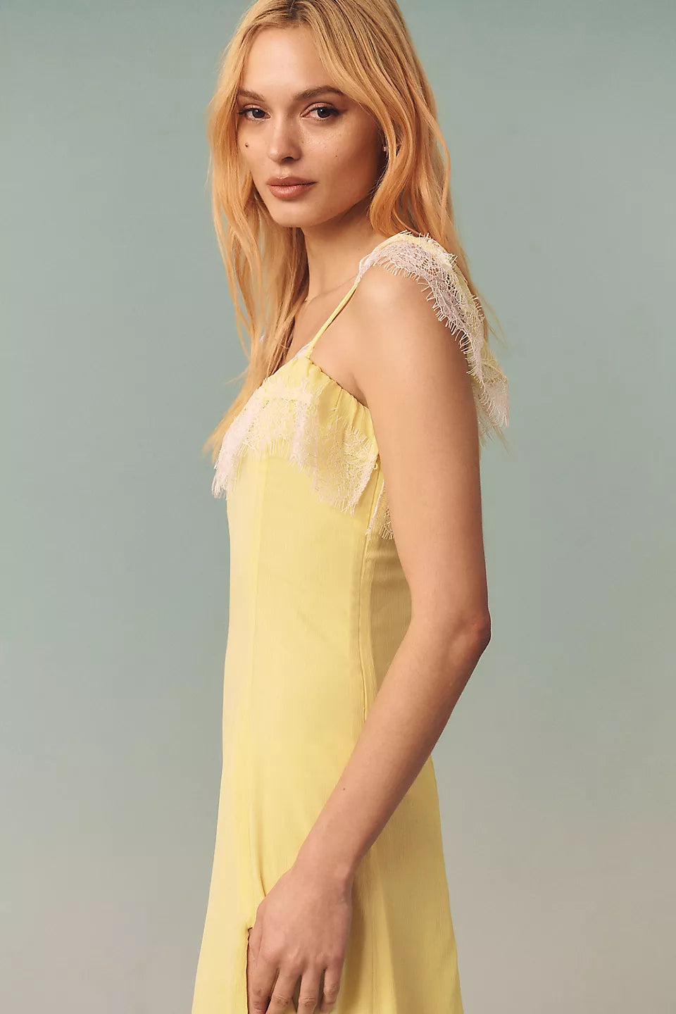 Lace Ruffle Chiffon Maxi Evening Dresses with High Slit