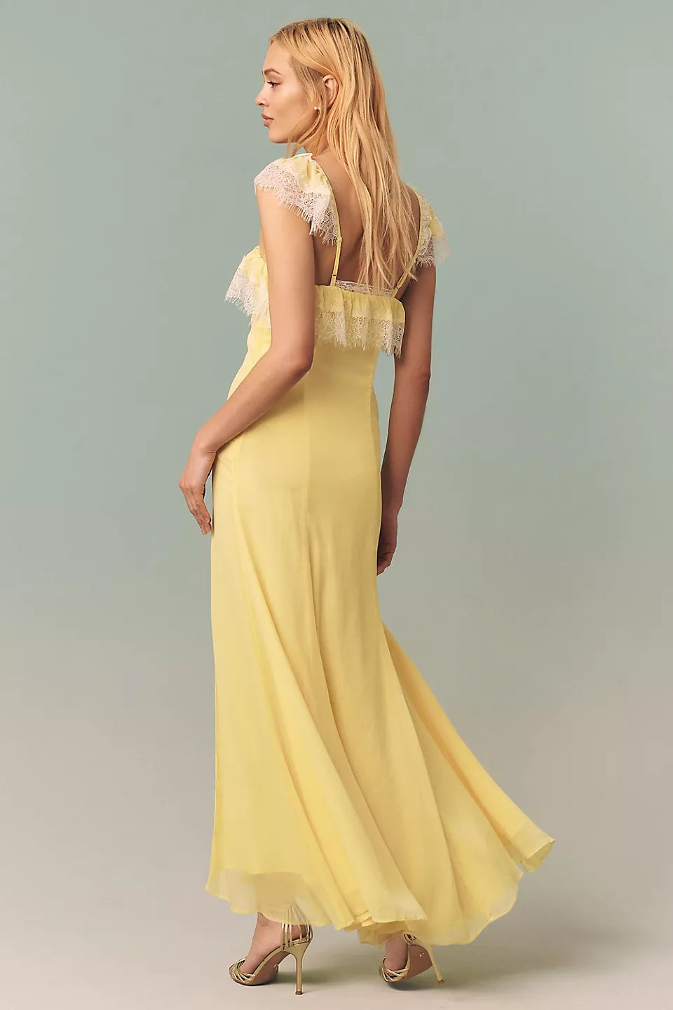 Lace Ruffle Chiffon Maxi Evening Dresses with High Slit