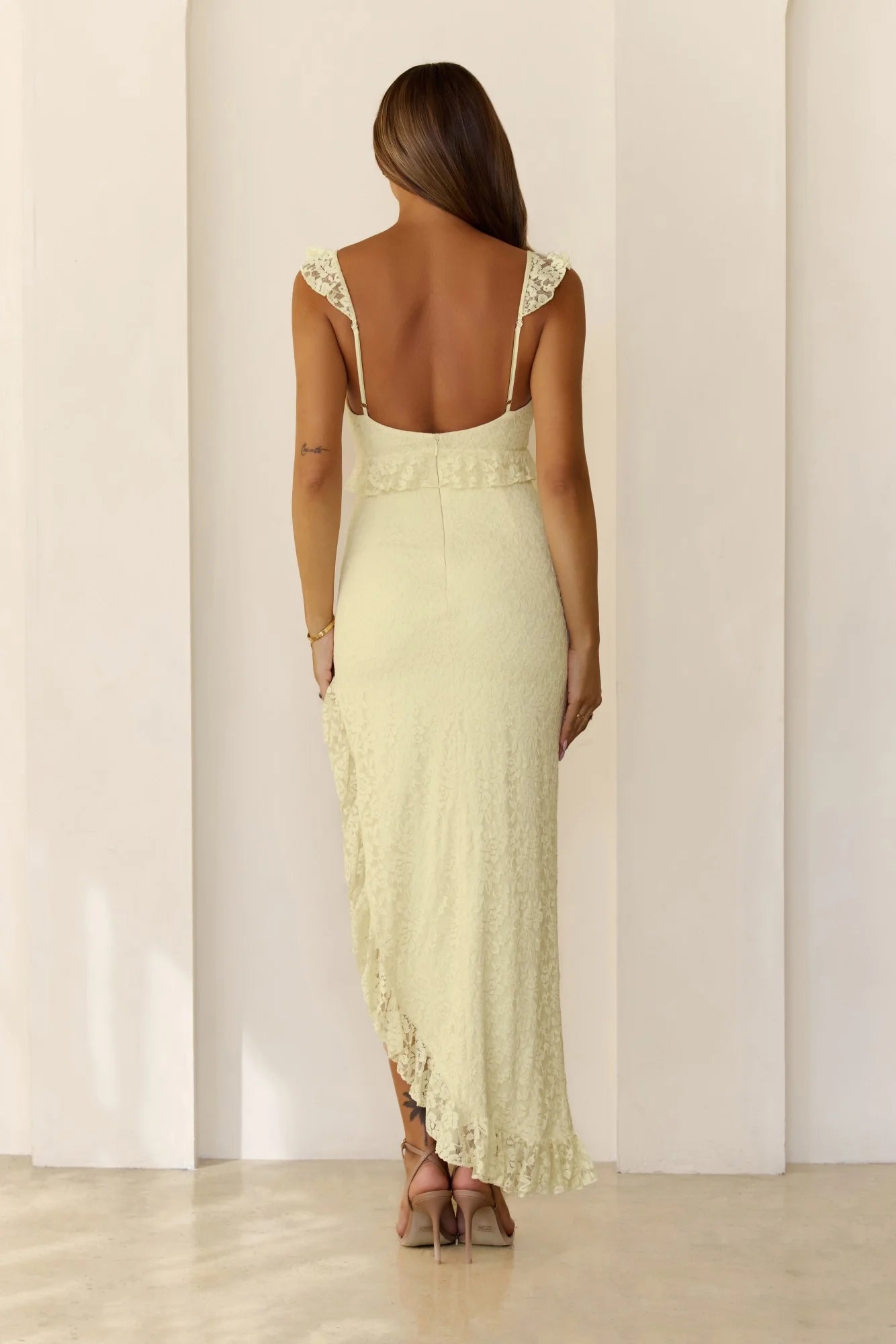 Lace Ruffle High-Low Maxi Evening Dresses with Slit
