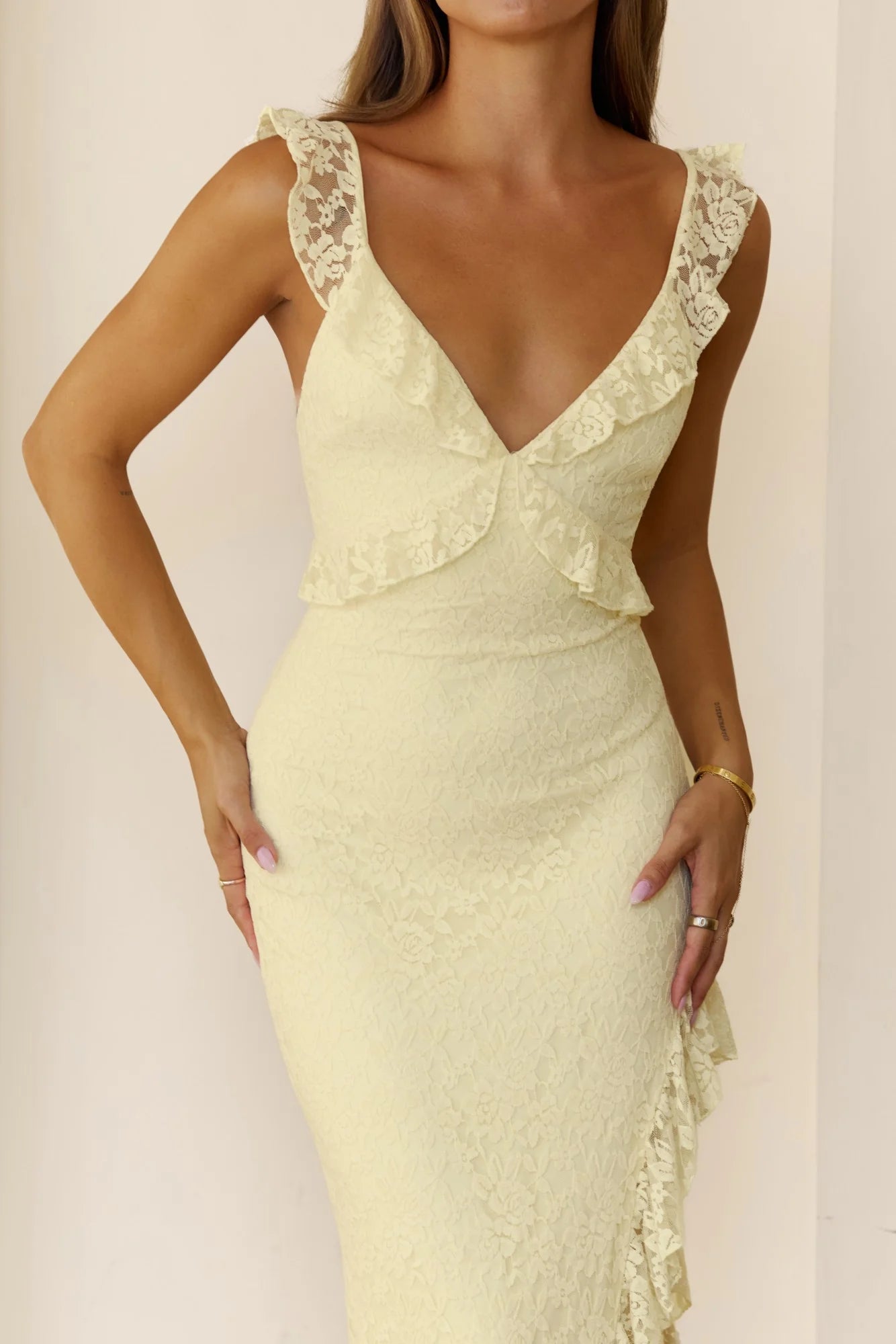 Lace Ruffle High-Low Maxi Evening Dresses with Slit