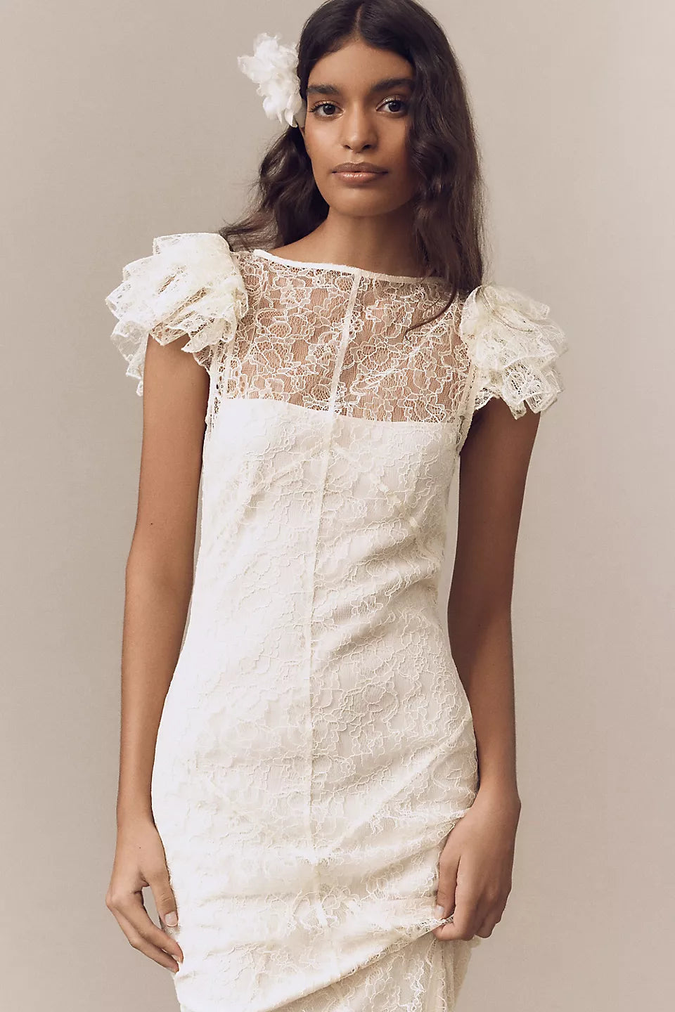 Lace Ruffle Sleeve Sheer Back Maxi Evening Dresses