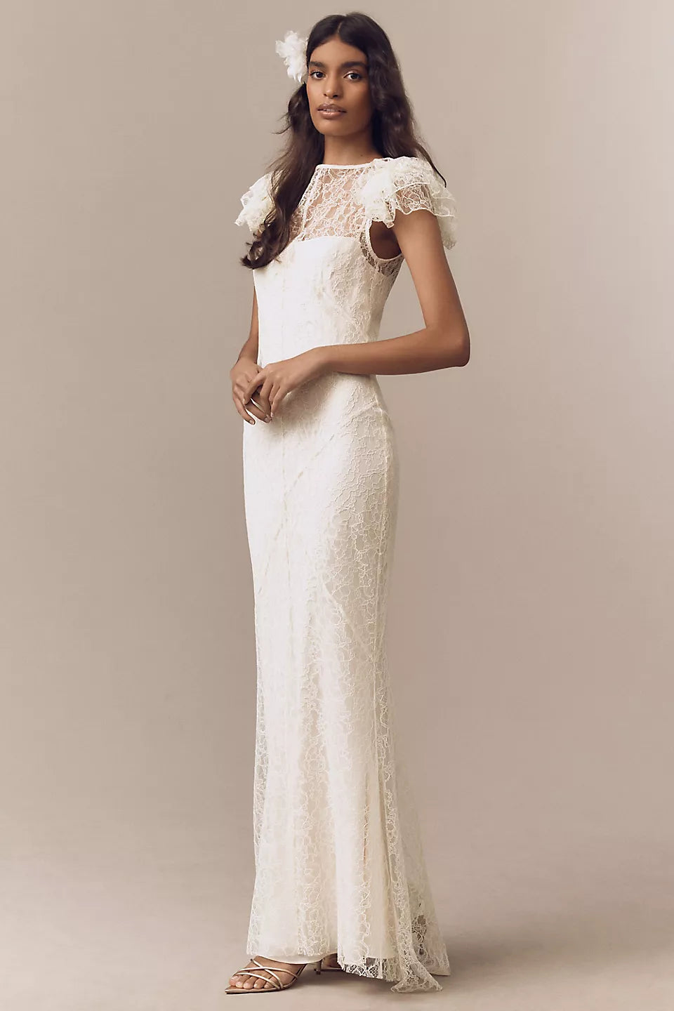 Lace Ruffle Sleeve Sheer Back Maxi Evening Dresses