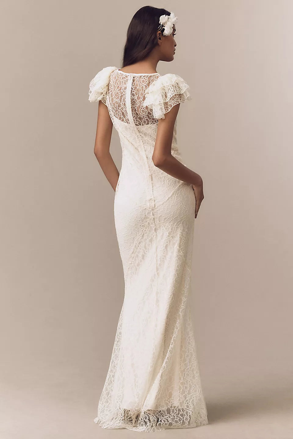 Lace Ruffle Sleeve Sheer Back Maxi Evening Dresses