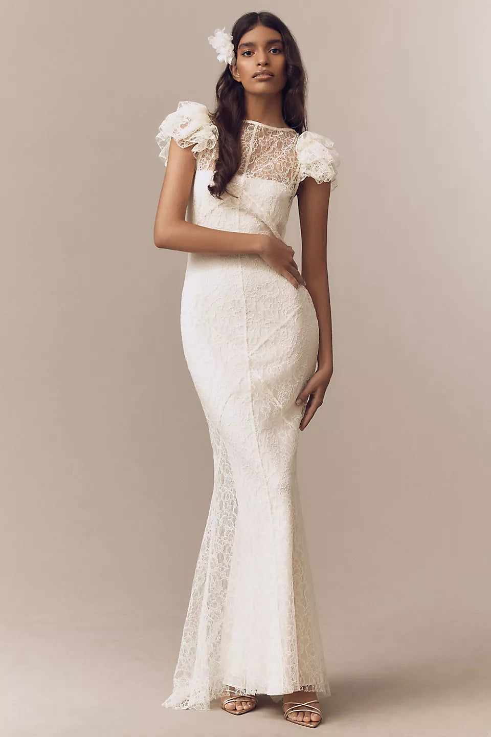 Lace Ruffle Sleeve Sheer Back Maxi Evening Dresses