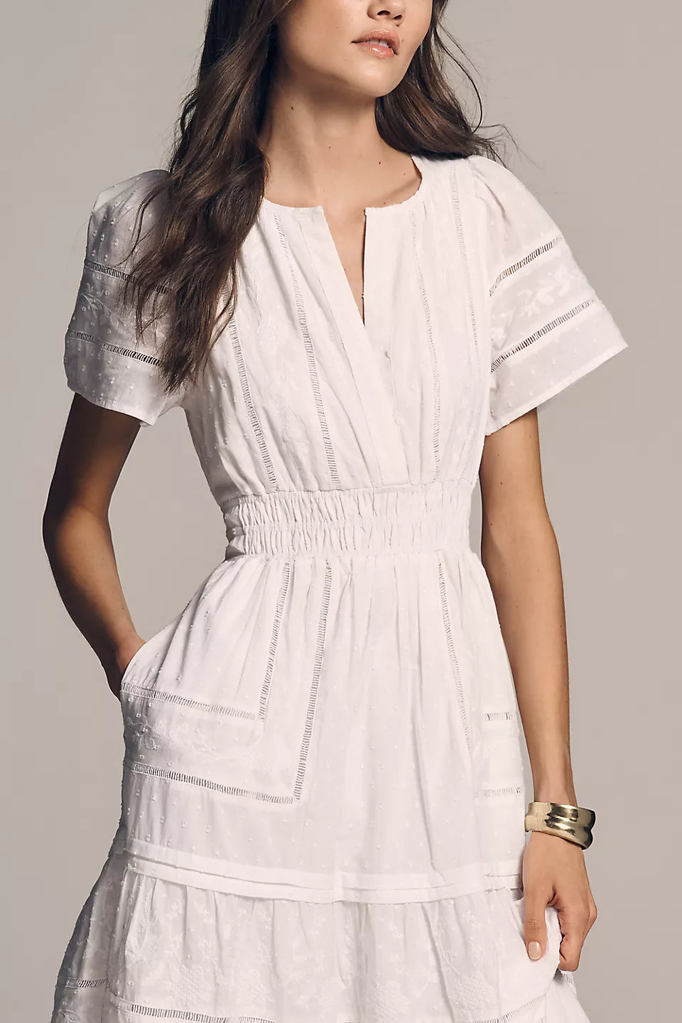 Lace Stripe Tiered Maxi Evening Dresses with Smocked Waist